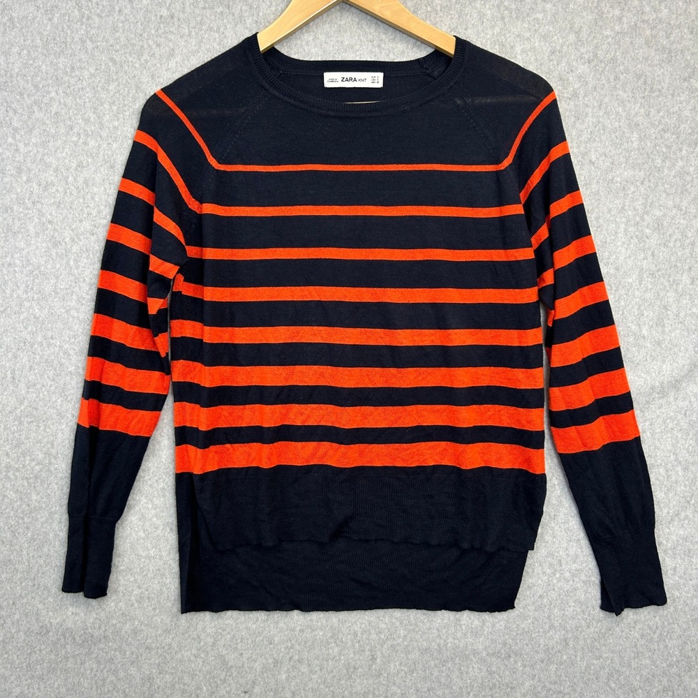 Zara Knit Sweater‎ Navy Blue Orange Striped Lightweight Casual Size Small Preppy
